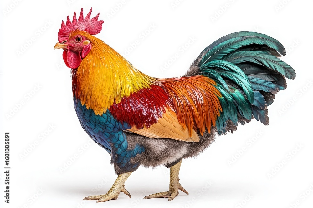 Fototapeta premium Isolated Rooster with Colorful Plumage on White Background