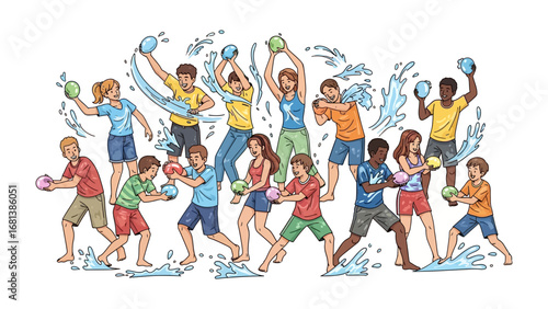 Water Balloon Battle: A lively group of people engages in a playful water balloon fight, showcasing vibrant splashes and dynamic action, embodying summer fun and youthful energy.