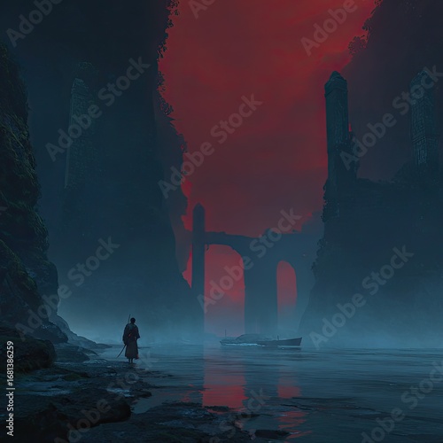Misty, crimson sunset over a ruined gorge