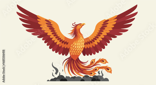 Phoenix Rising from Ashes with Wings Spread on a Light Background