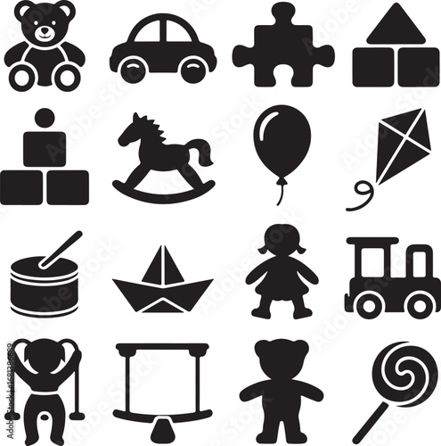 Assortment of children's toys and playthings in silhouette on white Keywords: toy, child, play