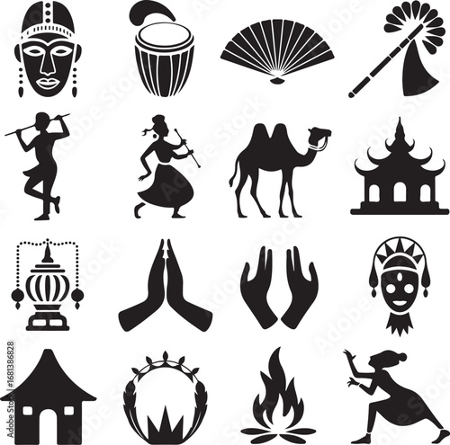 Diverse cultural icons and symbols in silhouette on white background Keywords: culture, icon