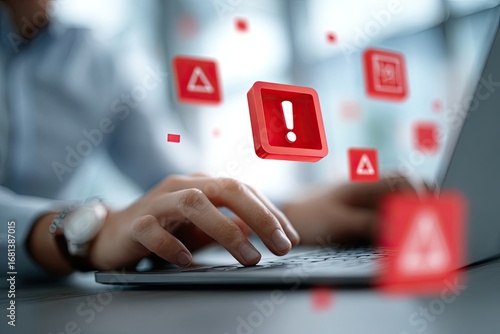 Close-up of hands typing on laptop with red error icons