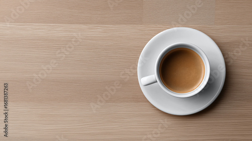Minimalist coffee setup, cup and saucer on plain wood.