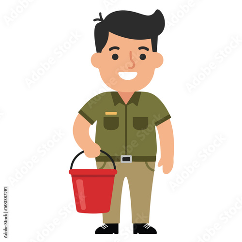 Man Holding Red Bucket - Full Body Flat Vector Image On White Background