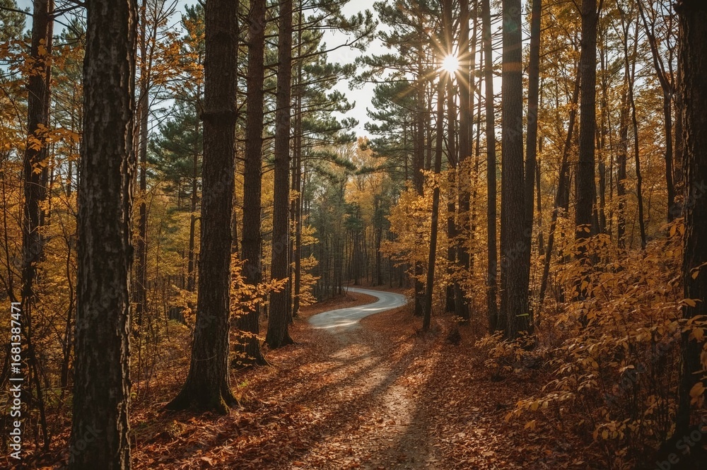 Obraz premium Autumn woodland path through pine trees