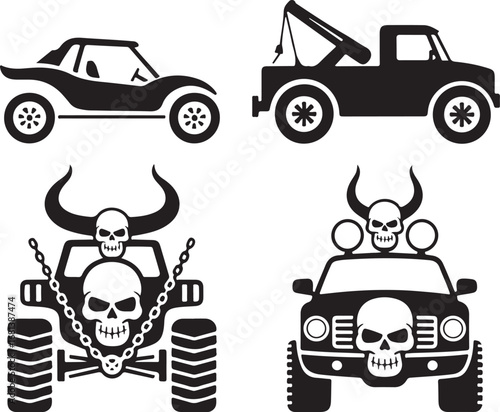Collection of black silhouette off-road vehicles and tow truck automobile offroad