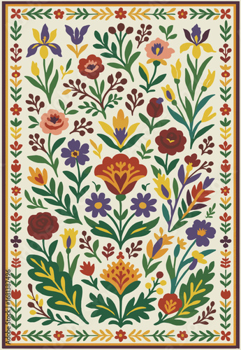 Folk art inspired Persian Vector Carpet with modern Pattern in high definition isolated on white canvas with trending colors
