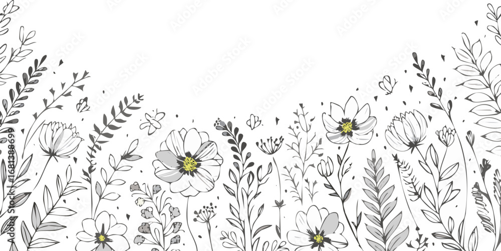 Fototapeta premium Delicate floral branches and butterflies in monochrome with yellow accents leaves