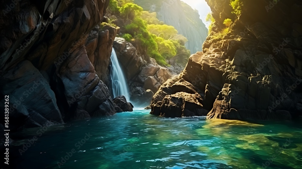 Naklejka premium A steep, narrow waterfall plunging down rugged cliffs into a turquoise pool, surrounded by dark mossy rocks, golden hour light casting warm highlights and soft shadows.
