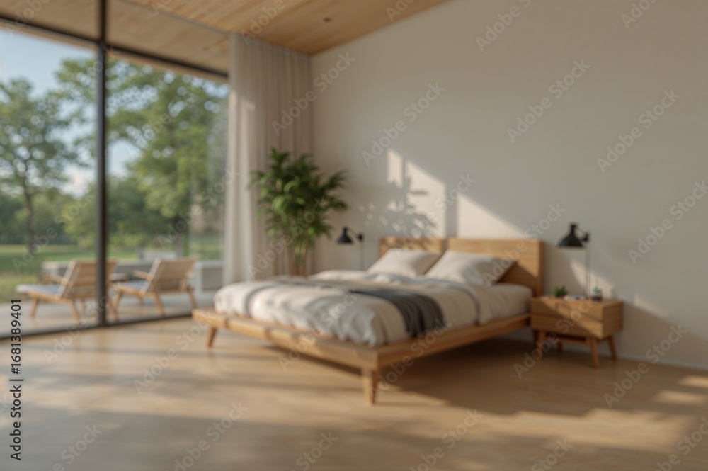 Fototapeta premium Calm modern bedroom with natural decor, expansive windows, and a comfortable wooden bed frame, ideal for peace and rest