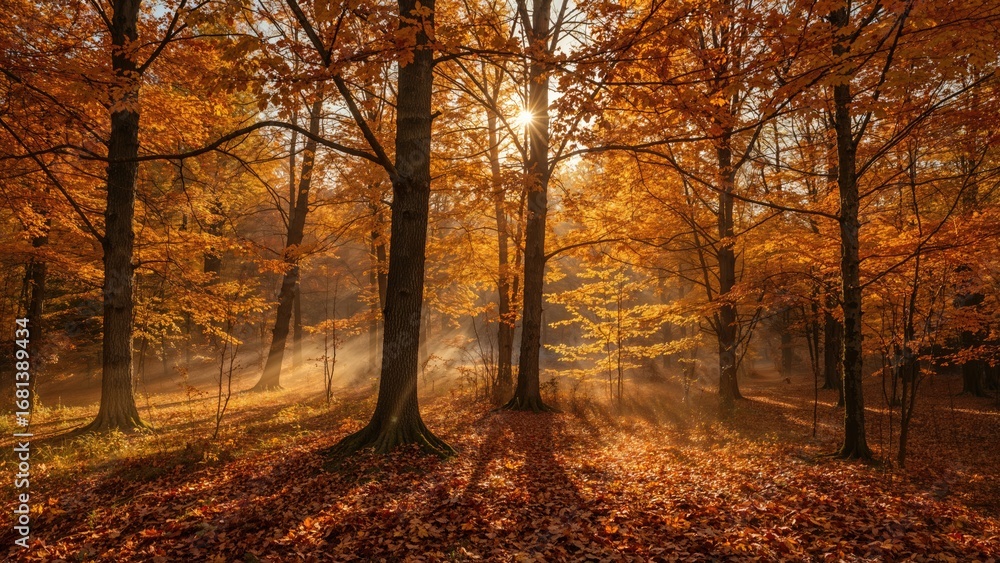 Fototapeta premium Golden forest bathed in captivating autumn hues and magical sunlight.