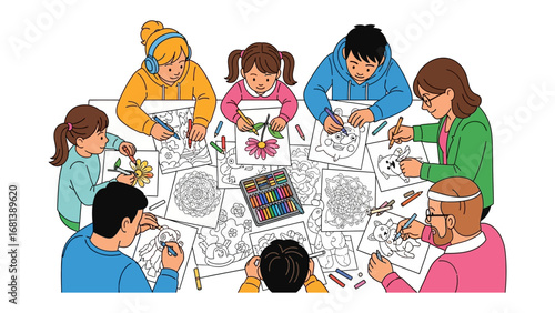 Creative Collaboration: A vibrant tableau of individuals engrossed in the therapeutic art of coloring, showcasing a collaborative effort that blends creativity, focus, and communal enjoyment.