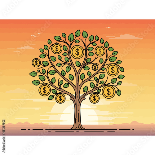 A vector illustration of a money tree against a sunrise. This icon symbolizes financial growth, future investments, and new beginnings in personal finance.