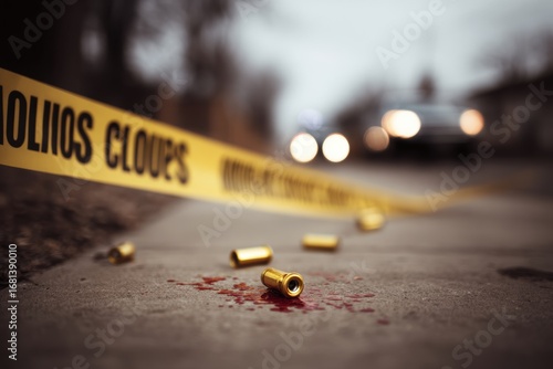 Crime Scene: Blood, Shell Casings, Police Tape