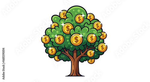 Cartoon vector of a vibrant money tree with round gold coins on its branches. A clean, simple illustration symbolizing wealth and financial growth.