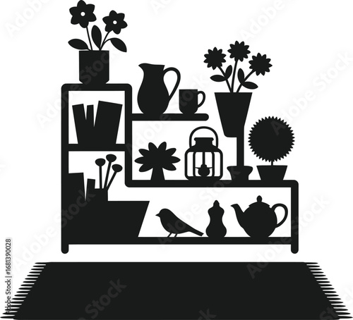 Silhouette of a decorative shelf unit filled with various home decor items and plants