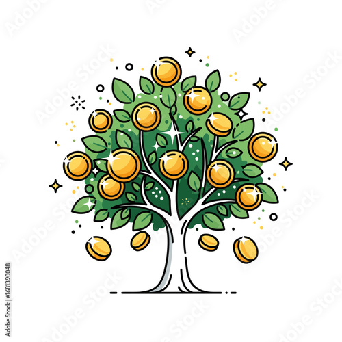 A stylish vector illustration of a magical money tree. A clean, modern icon with sparkles and coins, perfect for symbolizing magic, wealth, and financial growth.