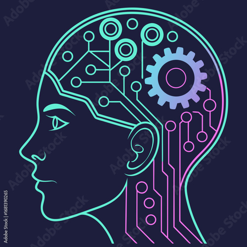 Abstract illustration of a human head profile with circuit board lines and a gear, representing artificial intelligence, technology, and the mind