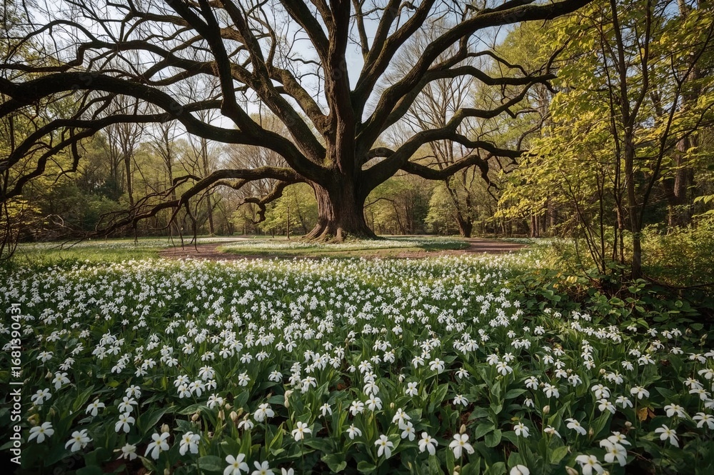 custom made wallpaper toronto digitalSpringtime white flowers blooming beneath a large oak in the forest