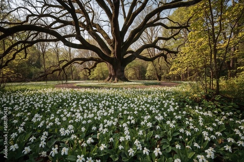 Wallpaper Mural Springtime white flowers blooming beneath a large oak in the forest Torontodigital.ca