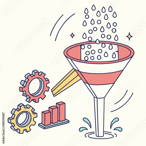 Illustration of a funnel with water droplets falling into it, representing a sales or marketing funnel, with gears and a bar chart to symbolize process and growth