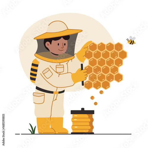 Beekeeper Inspecting Honeycomb in Apiary