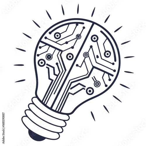 Innovative Lightbulb A digital circuit board design representing a new idea, showcasing technology, and innovation and idea generation