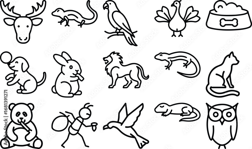 Obraz premium Vector art of collection of animal illustrations in outline style
