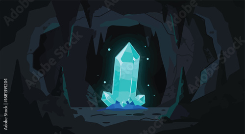 Crystal shines inside the dark cavern with dripping stalactites and rocks