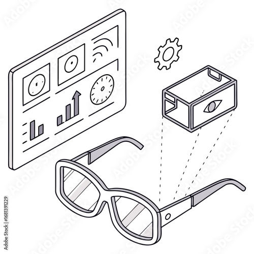 Augmented reality glasses displaying data with user interface elements, gears, and a camera module; a conceptual illustration