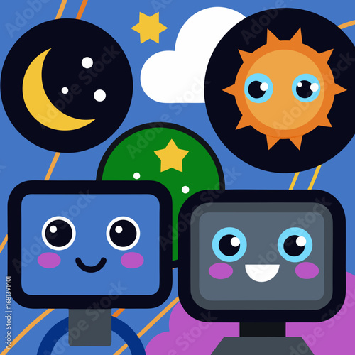 The Day and Night of Digital Companions A Whimsical Tale of Robots, Sun, and Moon in a Computerized World, Shining on Monitors