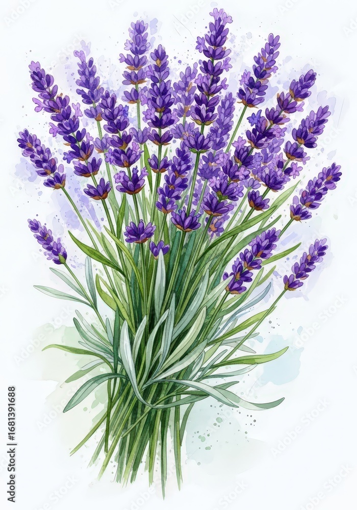 Naklejka premium A vibrant watercolor illustration depicts a bouquet of purple lavender flowers, showcasing delicate petals and green stems against a soft background