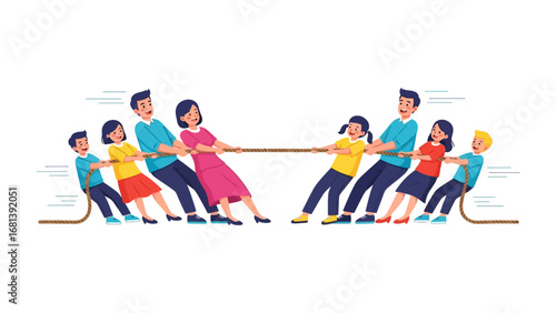 Tug-of-War Harmony: A vibrant illustration captures the spirited contest of a tug-of-war between two diverse family groups, highlighting themes of teamwork, competition, and familial bonding. 