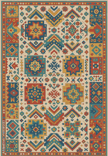 Folk art inspired Persian Vector Carpet with modern Pattern in high definition isolated on white canvas with trending colors
