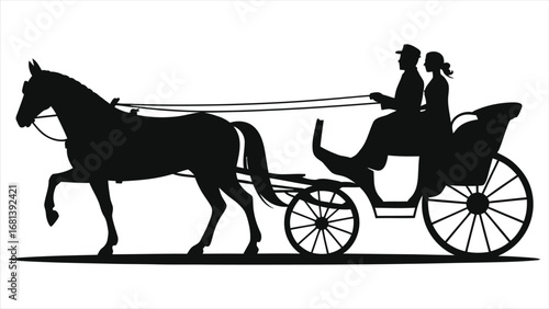Romantic Horse-Drawn Carriage Silhouette: Couple's Wedding Journey, Symbolizing Love, Union, and Vintage Elegance.