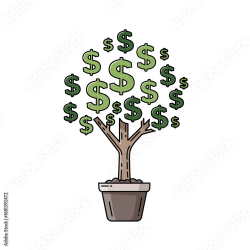 Download this clean vector art of a money tree in a pot, featuring dollar symbols. Perfect for illustrating new business ventures, financial success, or investment returns.