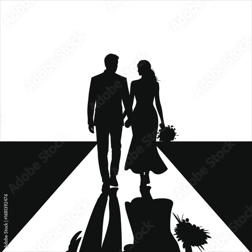Wedding Couple Silhouette: Bride & Groom Walking Hand-in-Hand with Bouquet and Reflection. Symbolizing Love, Union, and Future Journey.