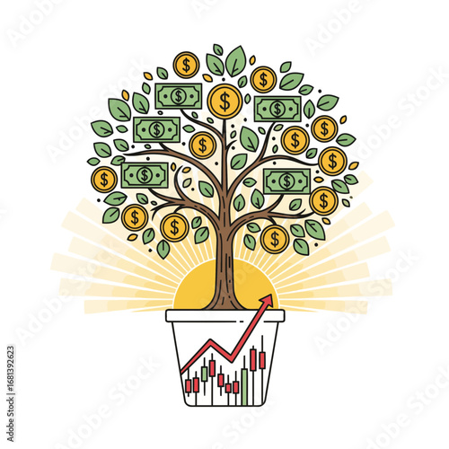 Download this clean vector art of a money tree. Perfect for microstock, this illustration represents growing wealth, smart investments, and financial prosperity.