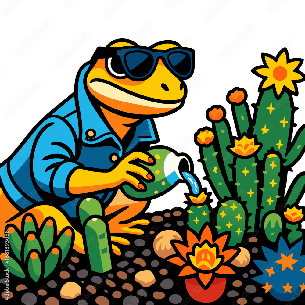 Obraz premium Colorful gecko gardener tending a desert cactus garden, cheerful reptile character in a vibrant arid landscape with succulents, rocks, and sunny adventure vibes
