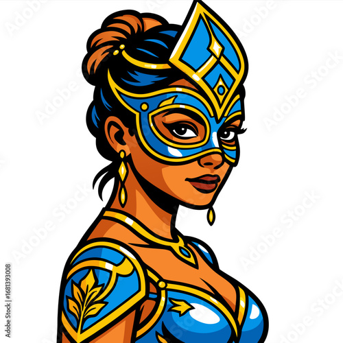 Masked heroine portrait in bold blue and gold, modern character art with confident attitude and elegant costume details for pop culture and cosplay themes