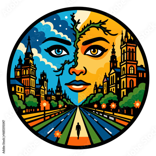 Split face and city avenue inside a circular frame, surreal urban scene with mirrored skyline and vibrant perspective for imaginative travel and culture stories