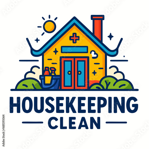 Clean house badge with shining windows and garden, cheerful housekeeping service mark for residential care, sanitizing, and fresh organized living
