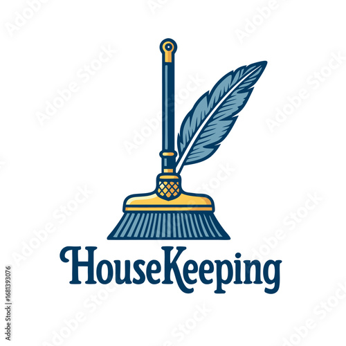 Housekeeping emblem with broom and laurel wreath, retro badge for cleaning service branding in teal and gold