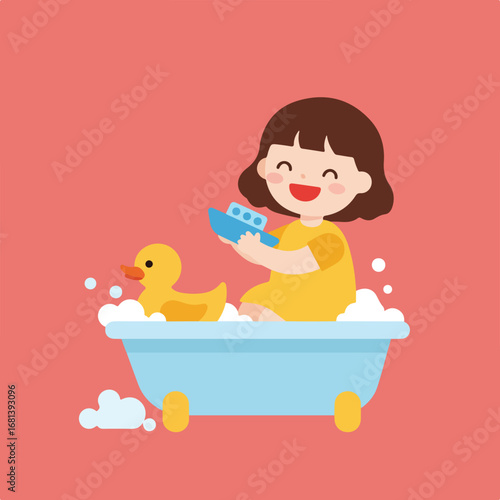 Child Playing with Toys in Bathtub, Indoor Fun
