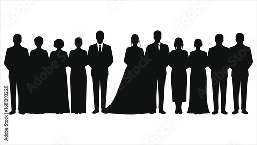 Wedding Party Silhouette, Bride Groom Bridesmaids Groomsmen Standing Together, Elegant Black and White Vector Illustration, Formal Group Portrait, Ceremony Celebration, Friendship, Team Unity Art