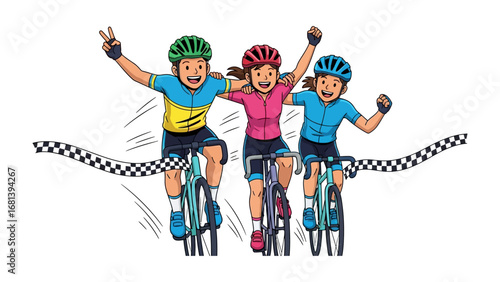 Triumphant Cyclists Crossing Finish Line: Capture the spirit of victory as cyclists triumphantly cross the finish line, arms raised in a gesture of jubilant celebration and hard-earned success. 