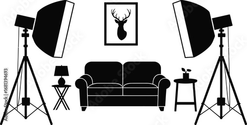Modern living room studio setup with professional lighting and furniture