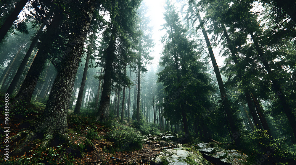 Obraz premium Tall trees in a dense forest with a path leading through them.