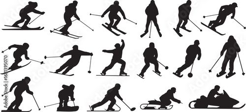 Collection of black silhouette figures engaged in winter sports and activities skiing snowboarding